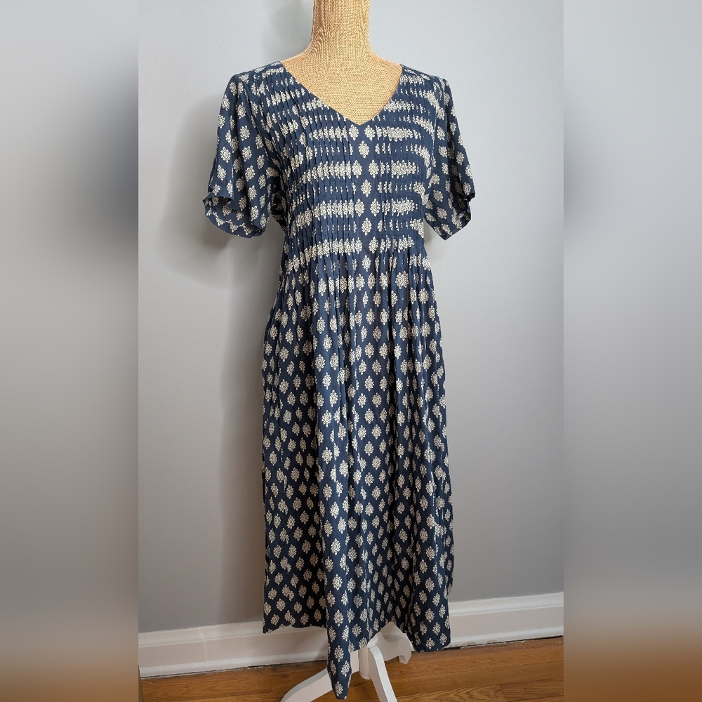 Anokhi navy blue printed cotton dress